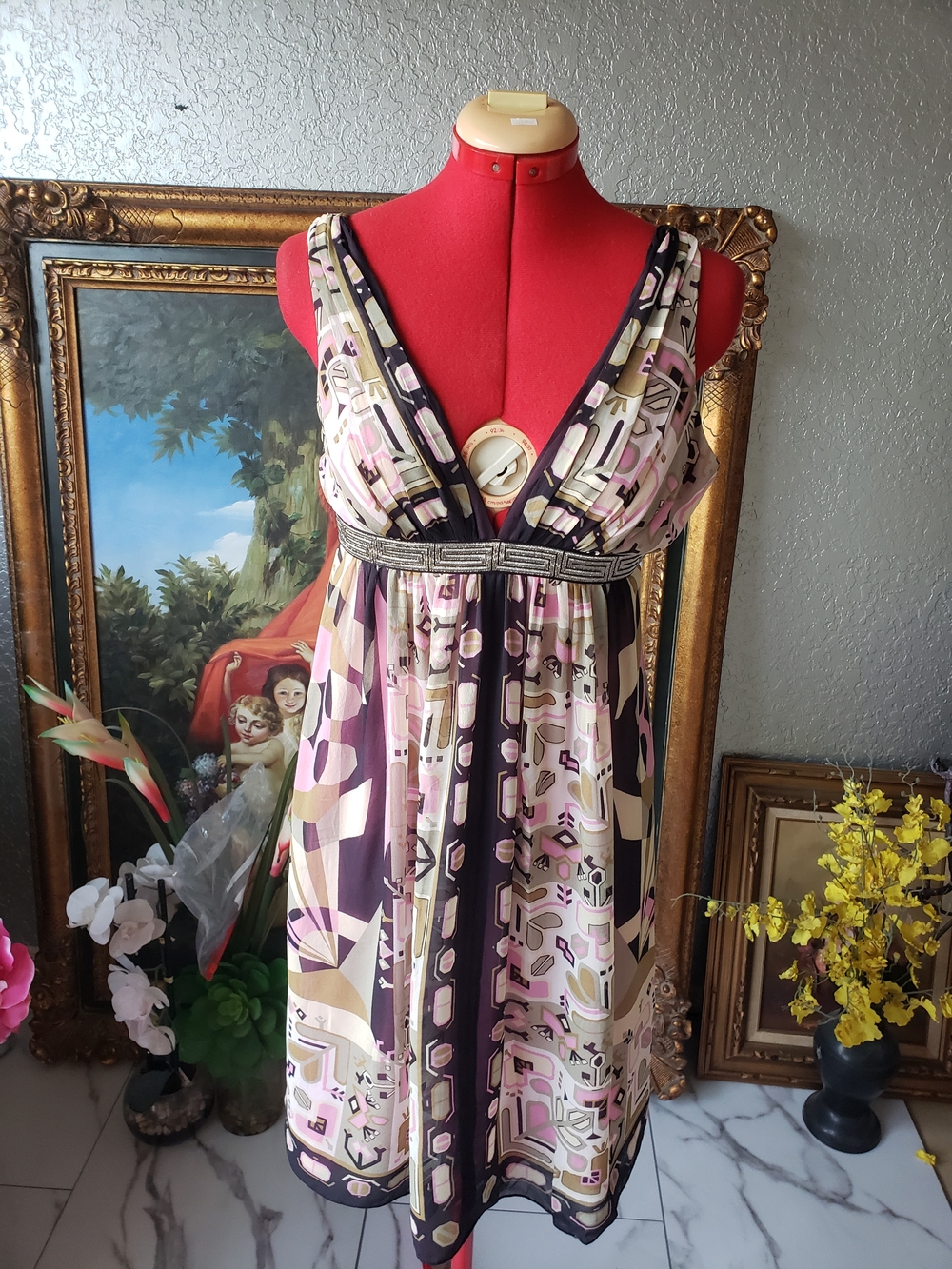 Nicole Miller Pink Purple and Cream Geometric Empire Waist Chemise